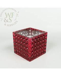 Square Red Mirrored Glass Cube Vase Dimple Effect 5x5 2