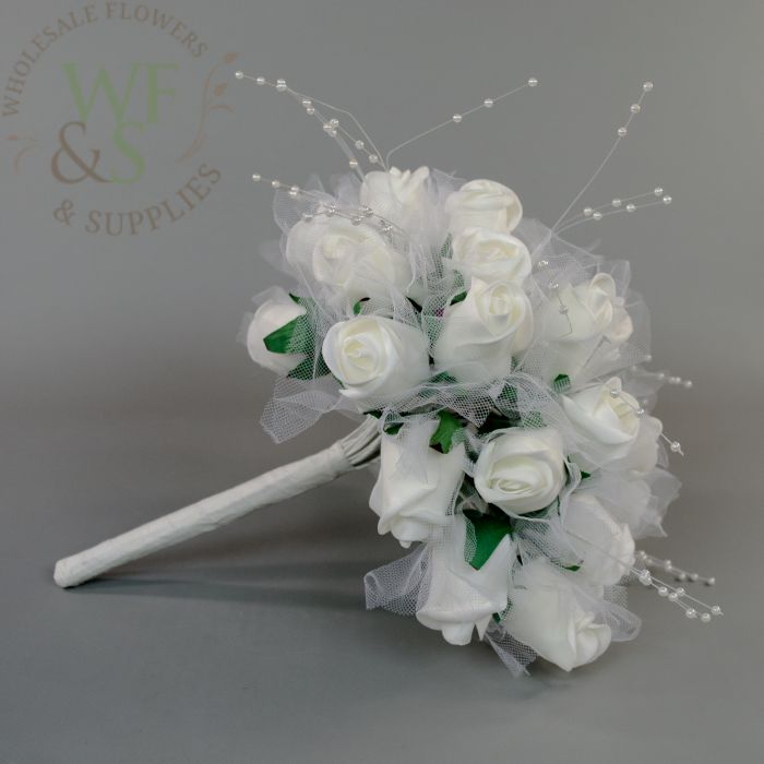 Wedding Bouquet White Roses White Pearls and Tulle - Wholesale Flowers and  Supplies