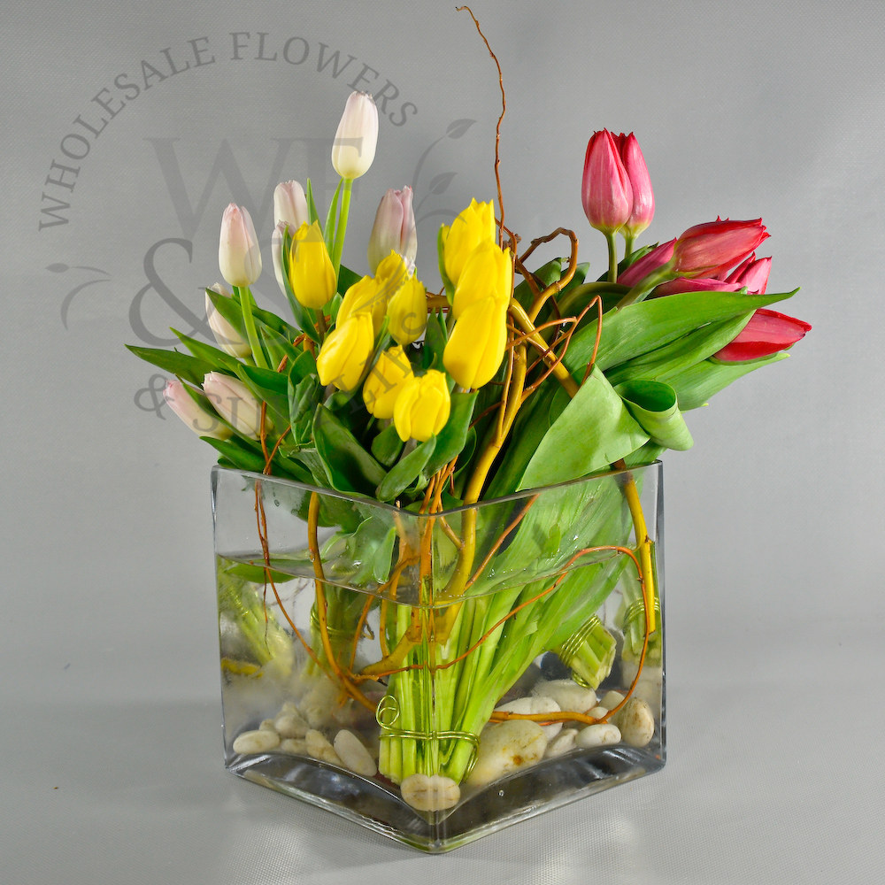 Square Glass Cube Vase 7-inches x 7-inches tulips flowers arrangement