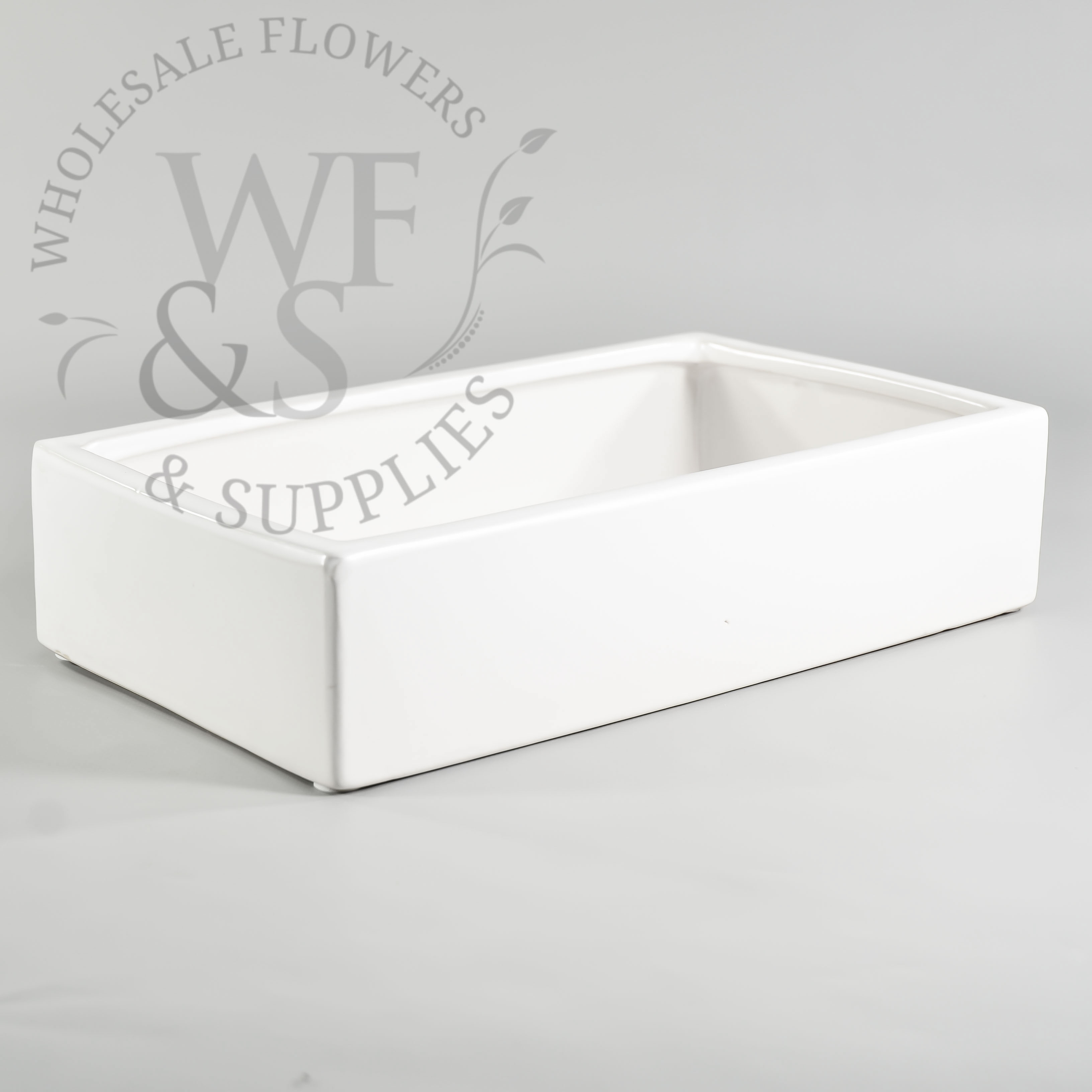 12" Rectangular Low Ceramic Vase - Matte White -2