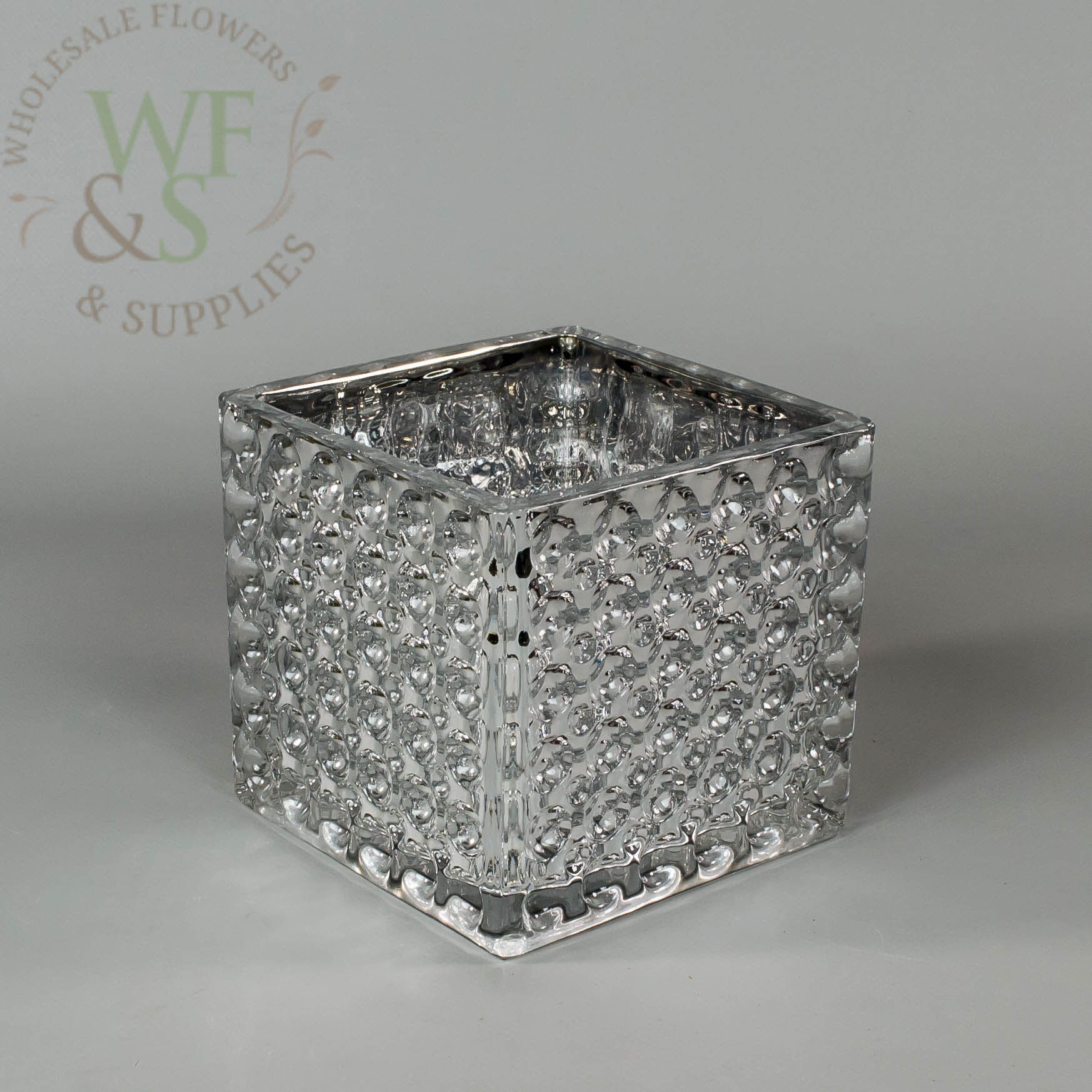 Square Glass Cube Vase, Dimple Effect 4-inches x 4-inches Silver