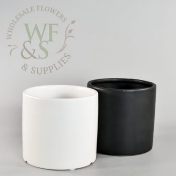 White and Black Cylinder Ceramic Vase 5" Tall 5.3" Diameter